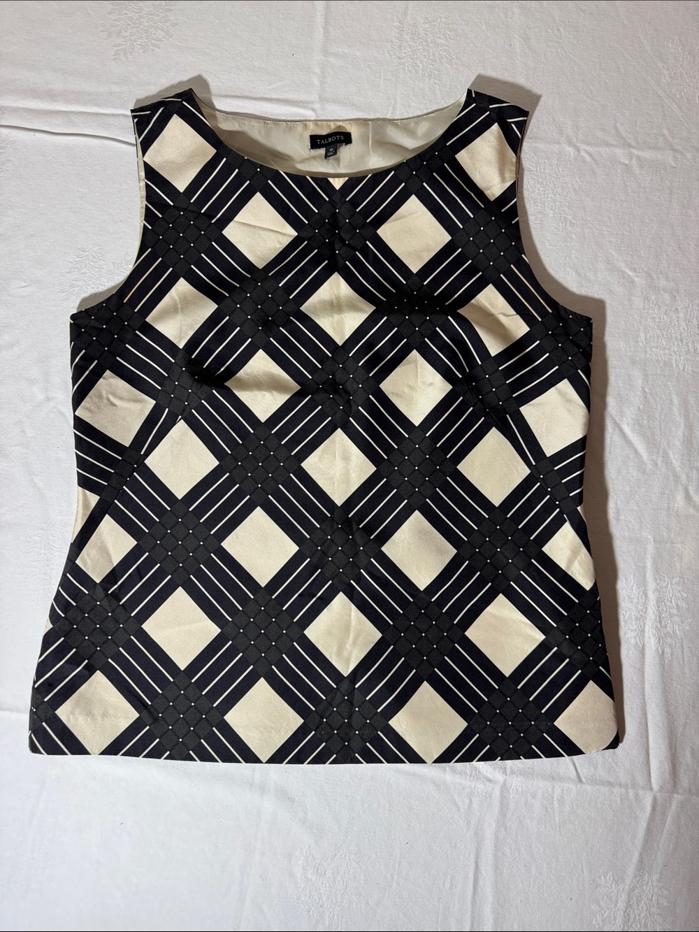 Talbots 100% Silk Black and Cream Plaid Sleeveless Shell